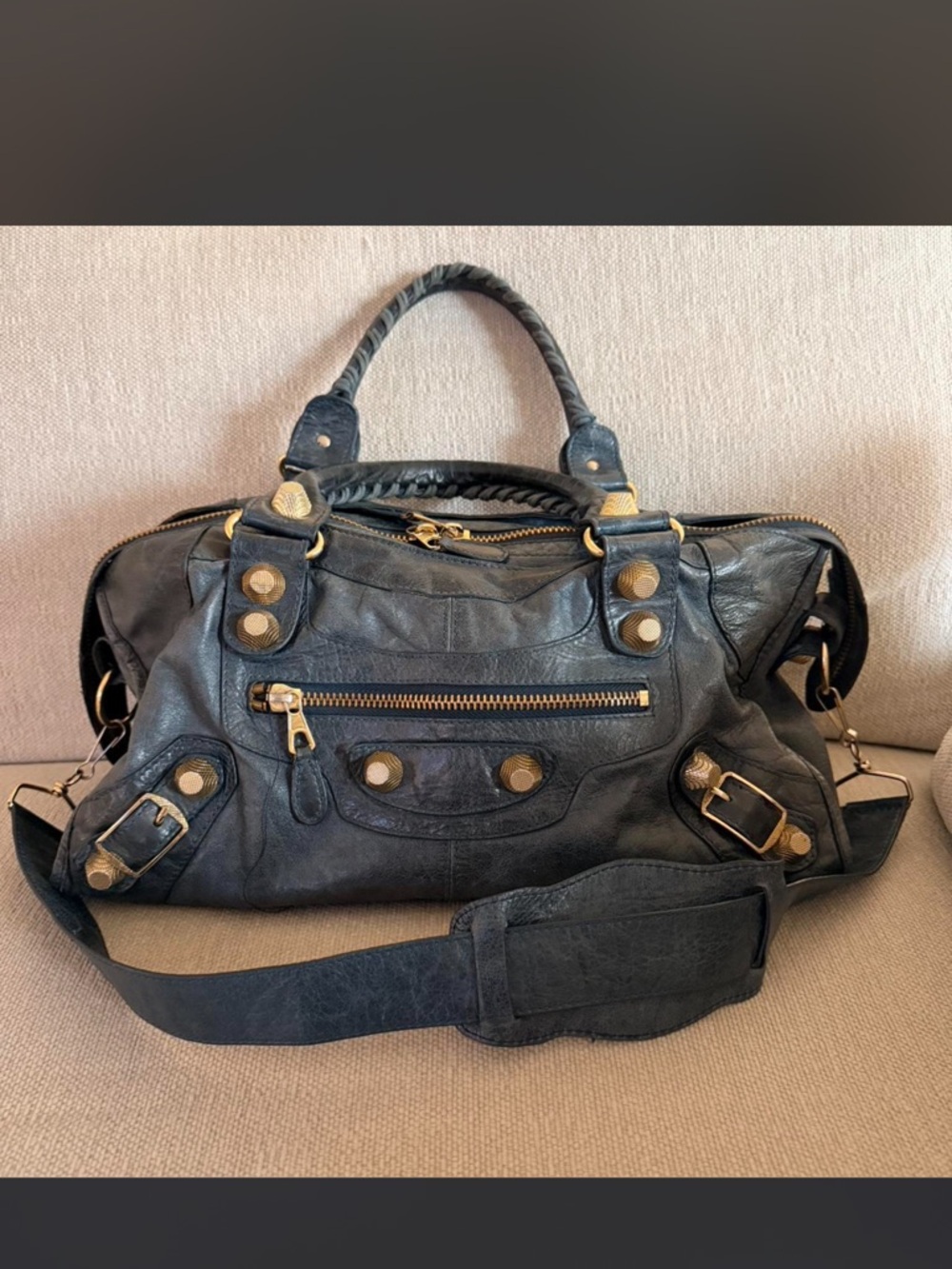 Balenciaga Black Leather Shoulder Bag with Gold Hardware